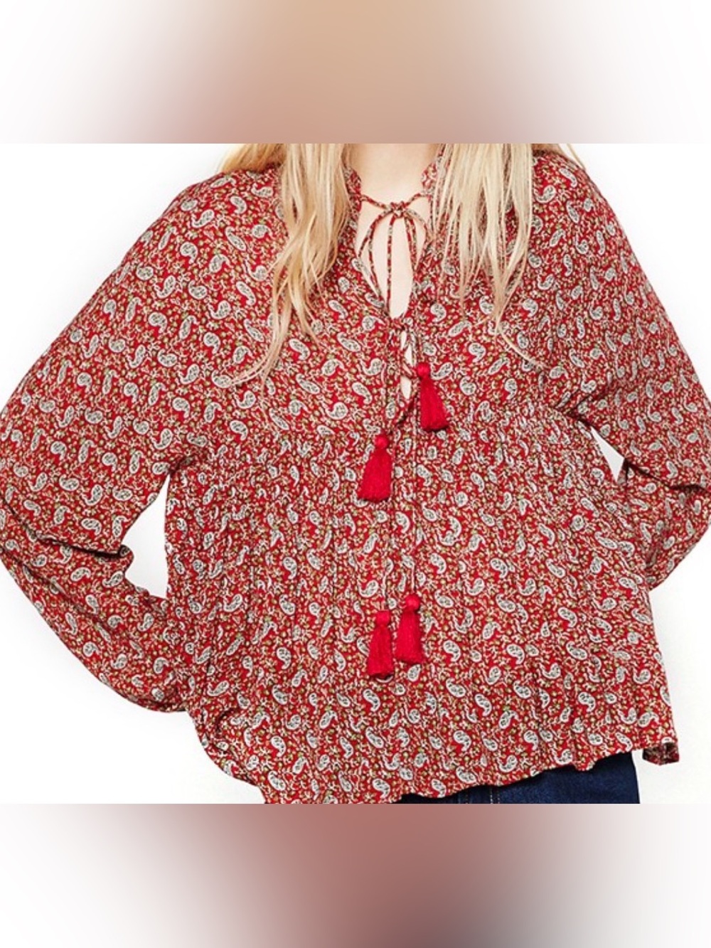 Zara Trafaluc Collection Red Paisley Boho Tassle Shirt Top Blouse Whimsy Size S